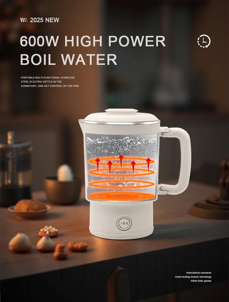 600ML Mini Portable Electric Kettle, Food-Grade Stainless Steel, Travel Foldable Boiling Pot & Noodle Pot