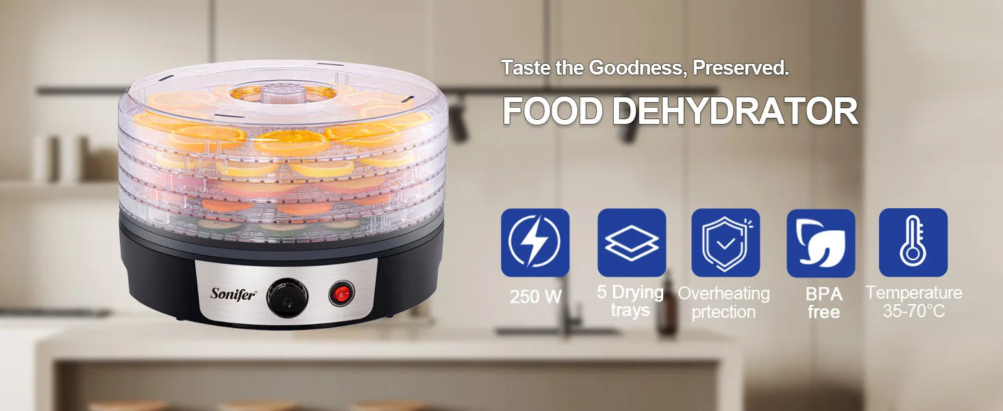 Food Dehydrator SF-4033 250W 5 Tray Fruit Vegetable Dryer with BPA Free Trays Adjustable Temperature for Home Kitchen