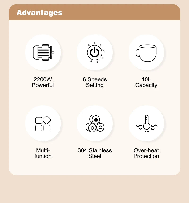 SUNATUR 10L Stand Mixer 2200w Dough Kneading Planetary Proccessor Automatic Beater Electric Timed Kitchen Blender Cream Whipper