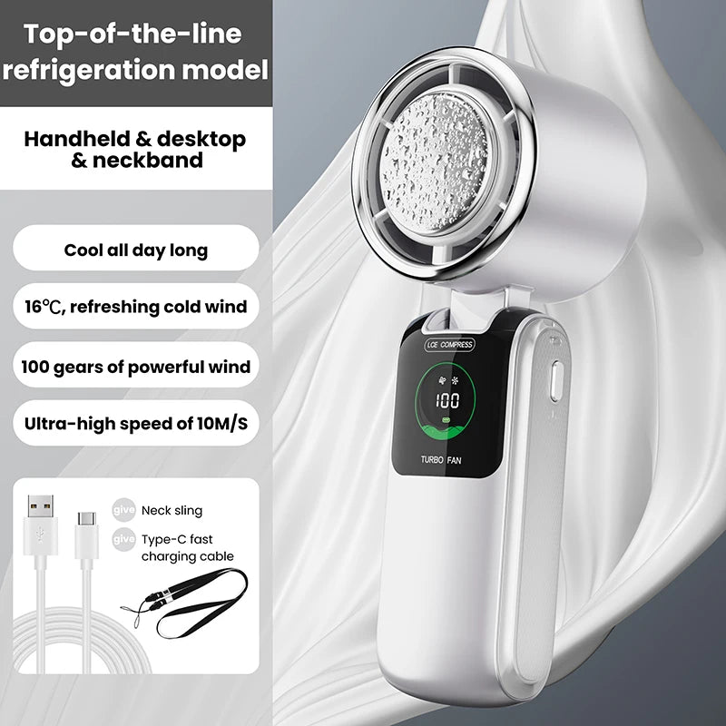 2025 New Ice Pack High-Speed Handheld Eletric Fan 100 Speed Adjustable Folding Mini Fan Portable Outdoor Hanging Neck Small Fan