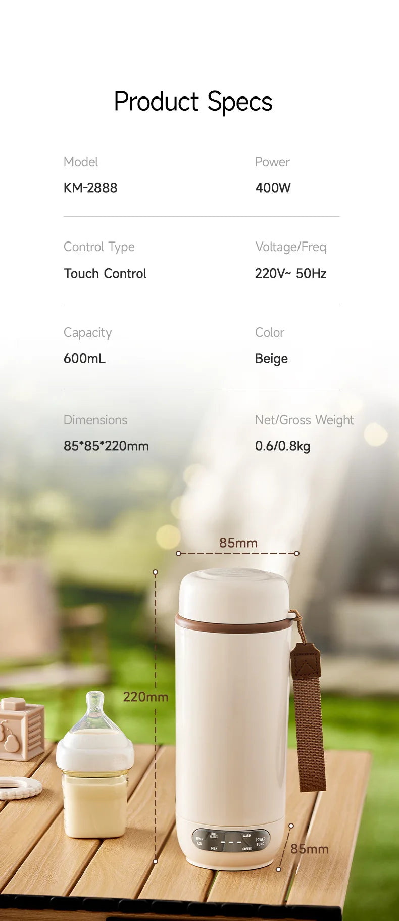 Electric Kettle Portable 600ml Travel Heating Touch Screen Intelligent Adjustable Temperature Thermal Cup