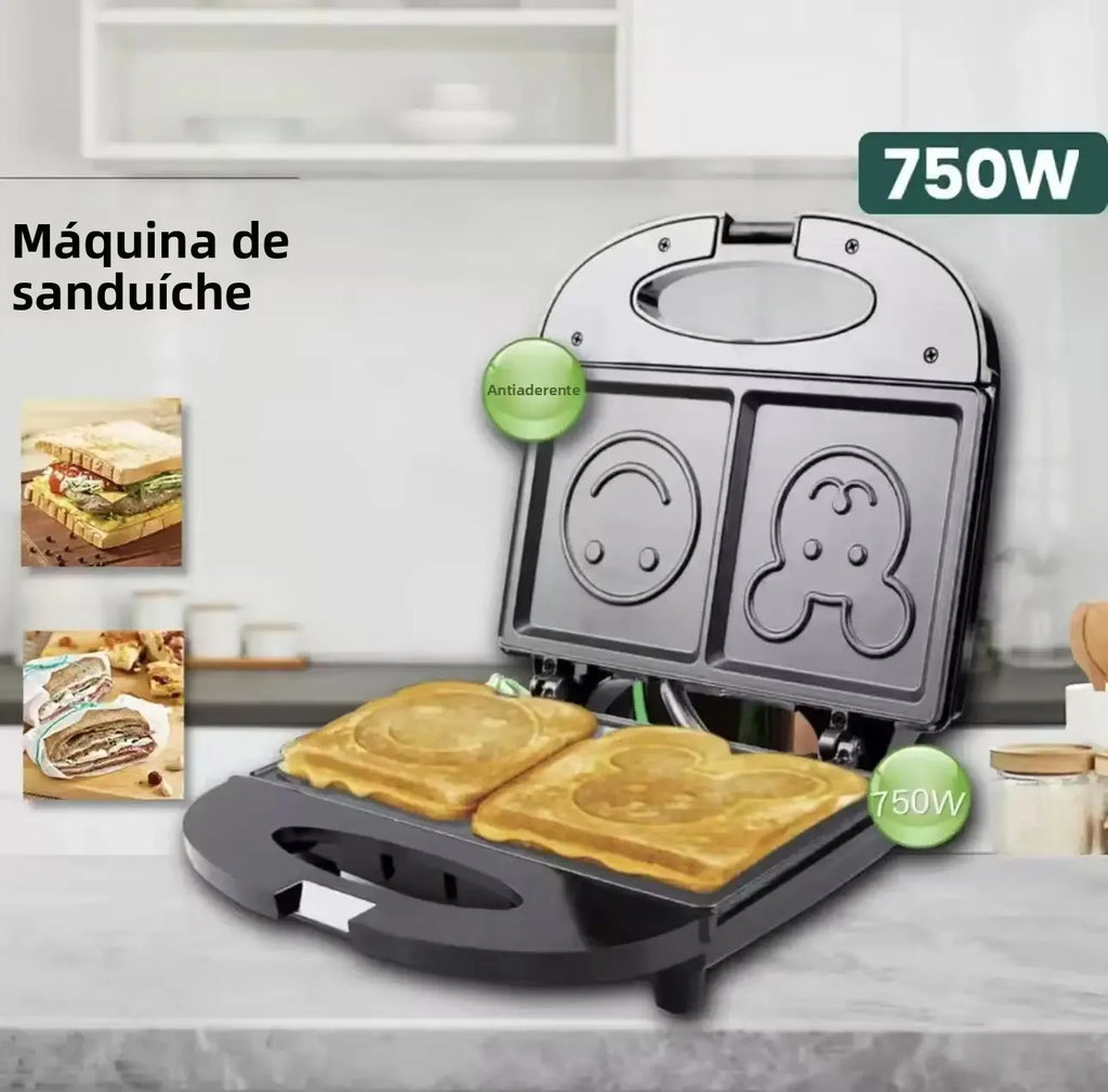 110V Household Sandwich Machine 750W Waffle Sandwich Maker Smiling Face Cute Toast Bread Machine Double-sided Heating Frying Pan