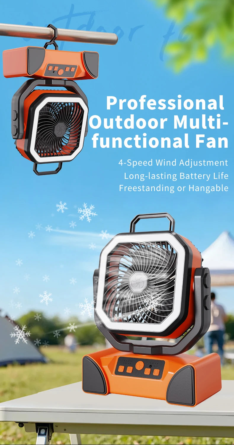 50000mAh Outdoor Camping Fan with Remote Contral 4Gears Wind Speed Up to 100 Hours Runtime Handle Portable Cooling Electric Fan