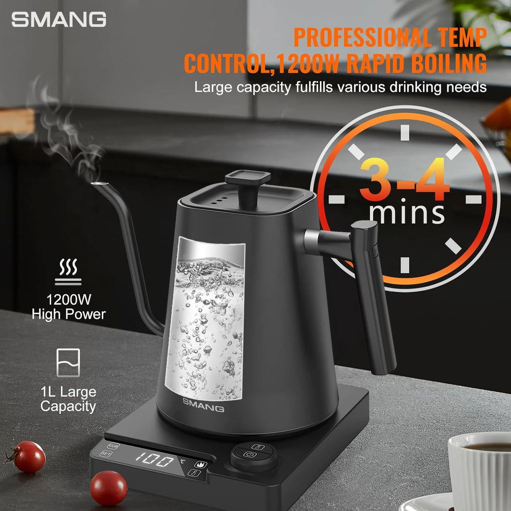 SMANG 1200W Gooseneck Electric Kettle 1L Temperature Control Coffee Kettle Pour Over Coffee Kettle Rapid Heating Kettle