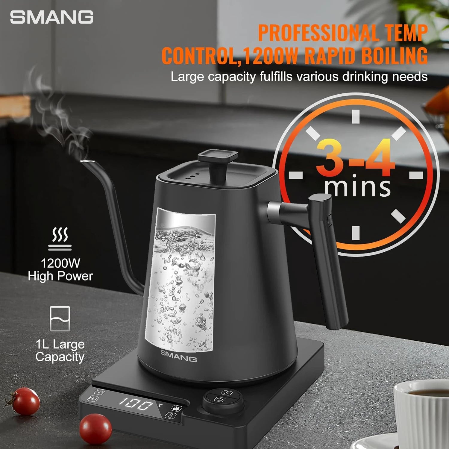 SMANG 1200W Gooseneck Electric Kettle 1L Temperature Control Coffee Kettle Pour Over Coffee Kettle Rapid Heating Kettle