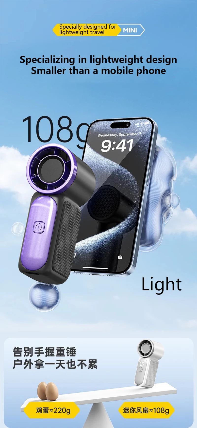 Handheld Mini Fan 5 Speed Adjust Type C Rechargeable Portable Fan Digital Display Desktop Fan Outdoor Use