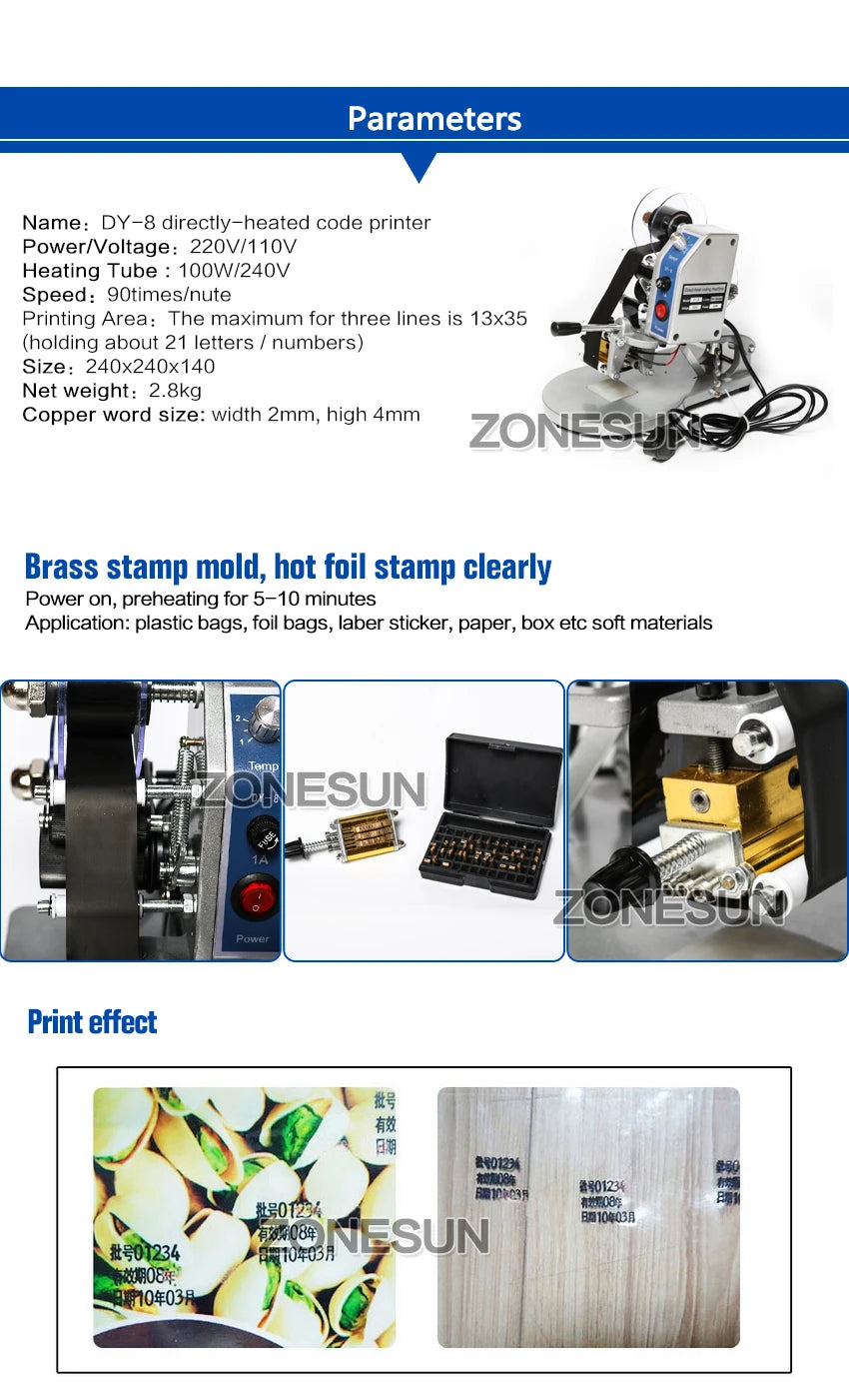 ZONESUN ZS-DY8 Manual Date Code Printer – Batch Number, Expiry & Production Date Coding Machine with A-Z Characters Ribbon