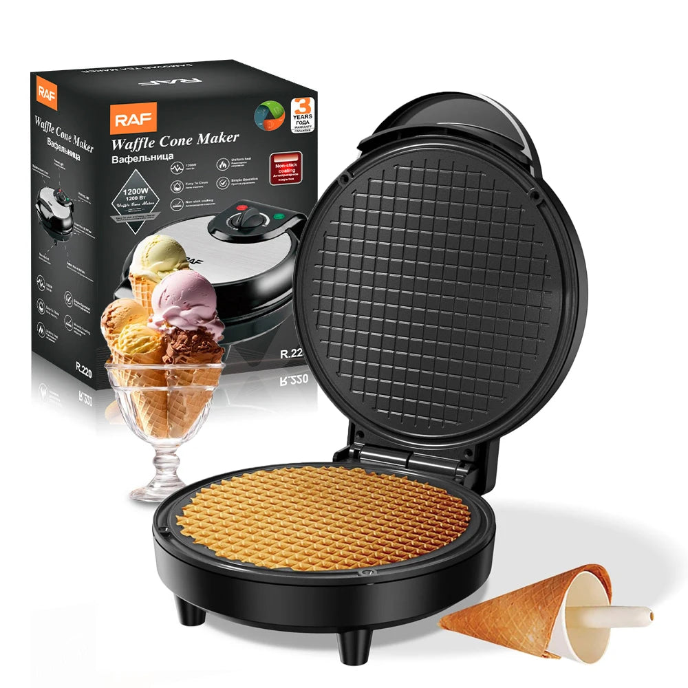 Electric Waffle Cone Maker 1200W Thin Waffle Ice Cream Bowl Egg Roll Machine Smart Control Non-stick Plates with Shaper Roller