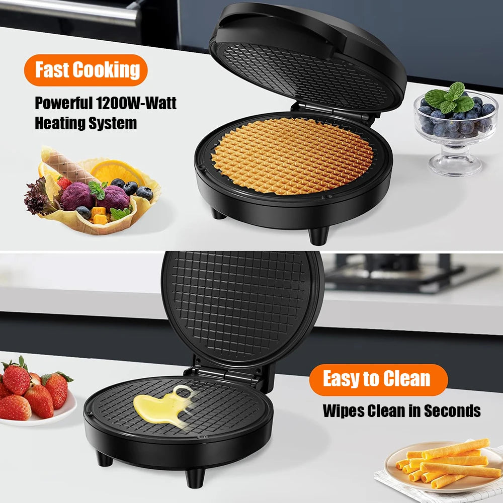 Electric Waffle Cone Maker 1200W Thin Waffle Ice Cream Bowl Egg Roll Machine Smart Control Non-stick Plates with Shaper Roller