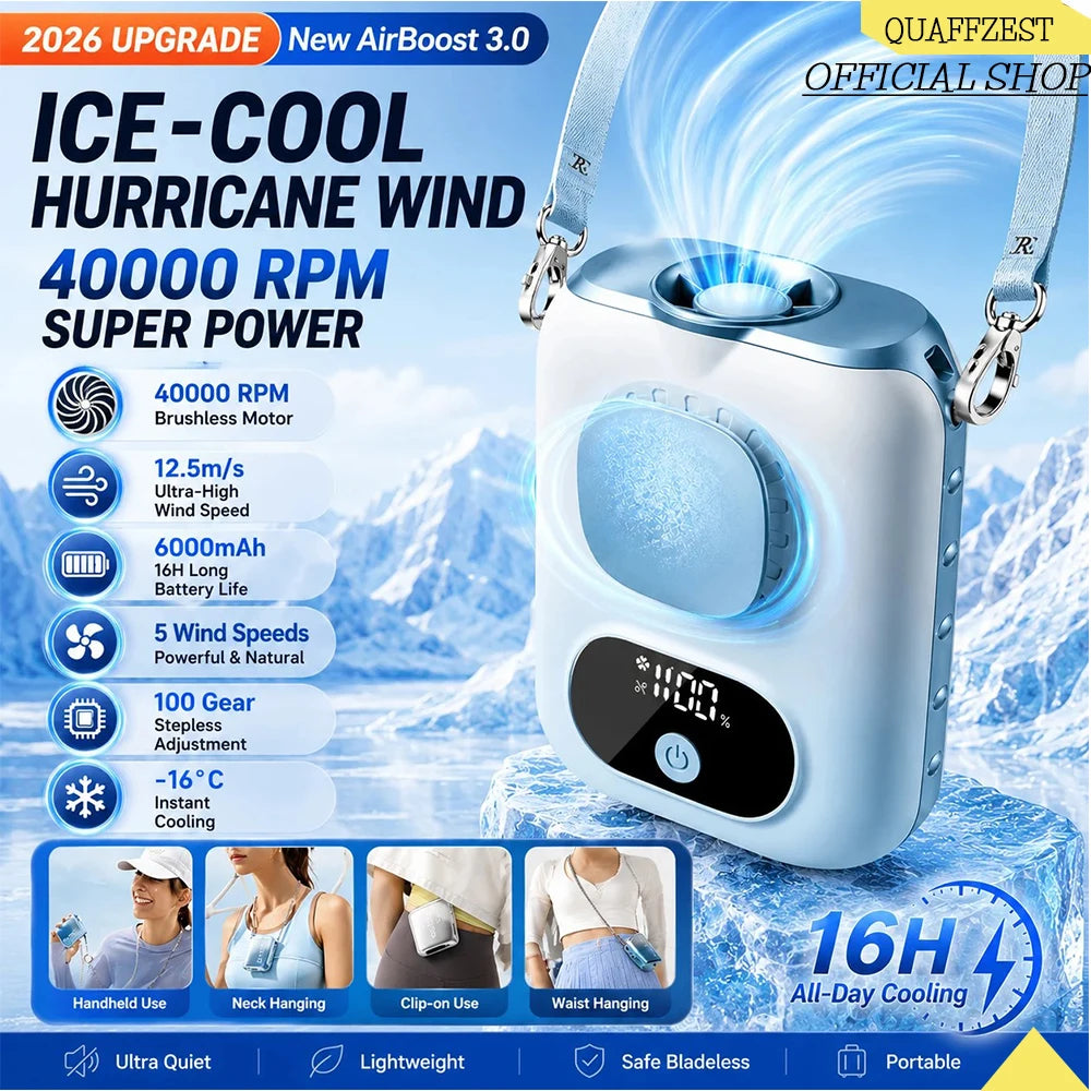 3CM Thin Tiny Portable Waist Fan 6000mAh Clip On Personal Neck Fan LED 12H Working 5 Speeds 40000RPM Strong Airflow with Lanyard