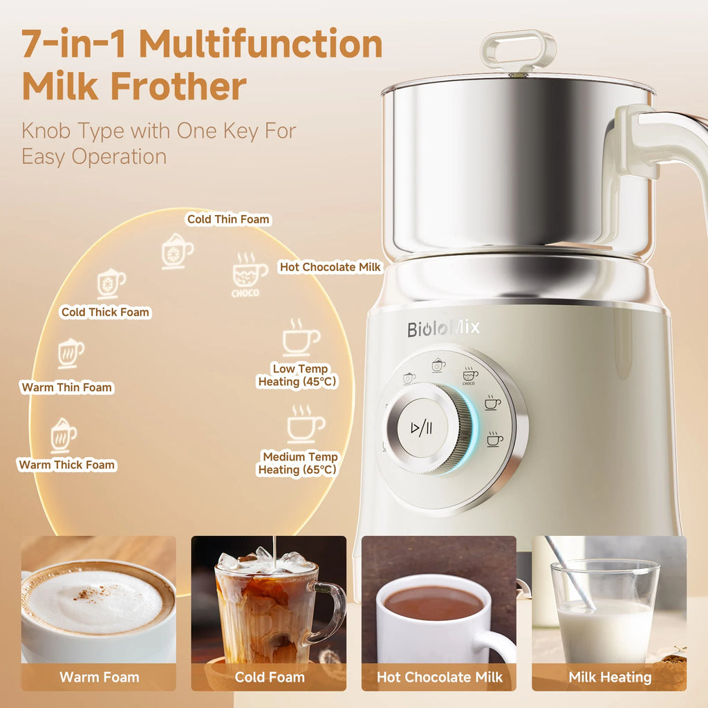 BioloMix Electric Milk Frother Automatic, Foamer for Coffee Cappuccino Latte 7 in 1 Hot and Cold Foam Maker Milk Frother Foamer