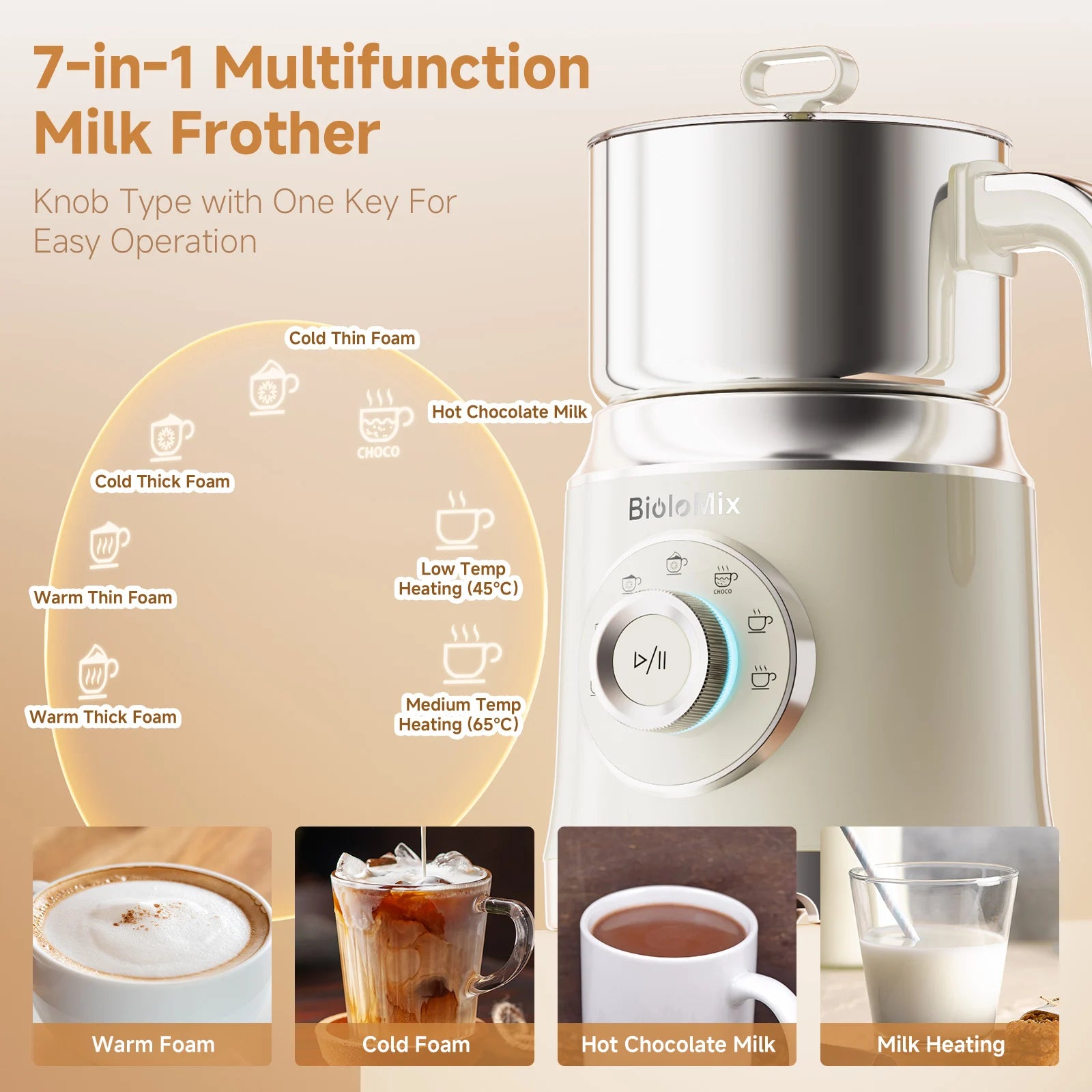 BioloMix Electric Milk Frother Automatic, Foamer for Coffee Cappuccino Latte 7 in 1 Hot and Cold Foam Maker Milk Frother Foamer