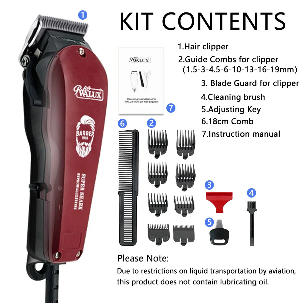 WALUX Professional Barber AC Hair Clipper 10W Powerful Trimmer Home Man Quiet Shaver 2M Cable Hair Cutting Machine 8 Guard Combs