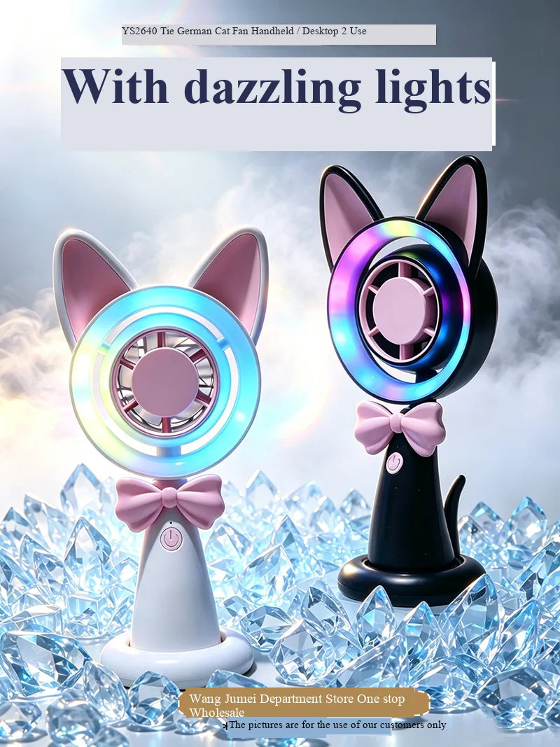 New Cat-Shaped Handheld Fan with Strong Wind, USB Charging, Suitable for Student Dormitories, Desktop Small Fan with Light