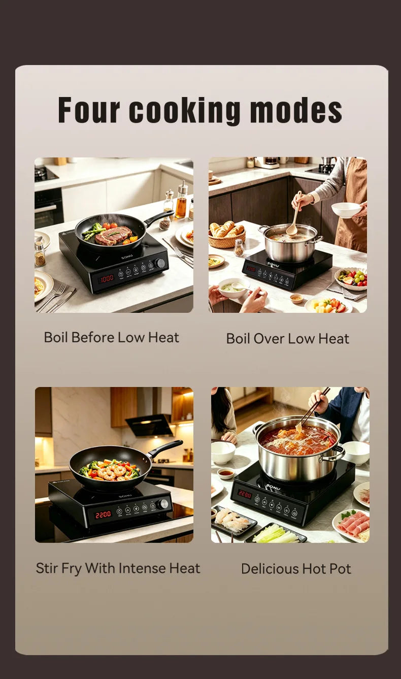 2200W Portable Electric Magnetic Induction Cooker Touch Panel Waterproof Hotpot Heating Stove Touchpad Cooktop Stir Fry Dish Coo