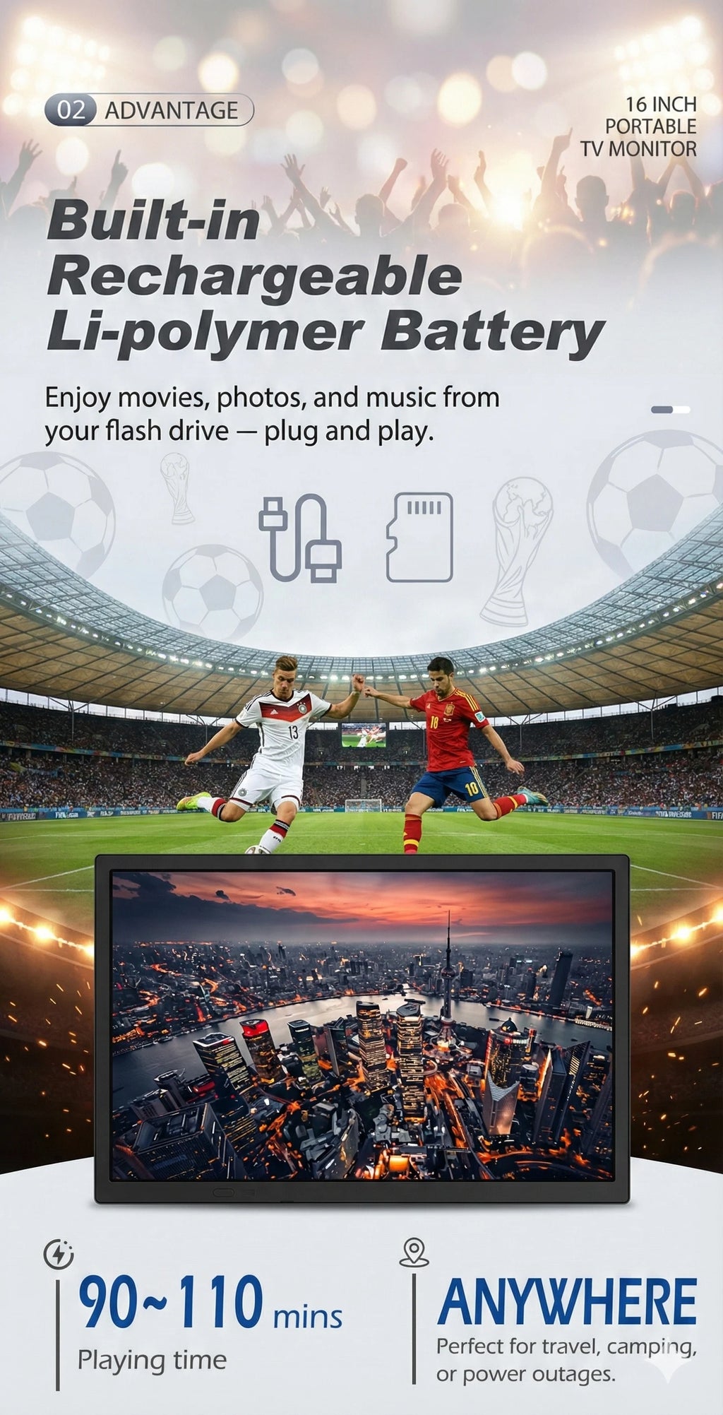 15.4" Portable Android Smart TV FHD LED LCD Digital Television with Built-in Battery DC 12V for Caravan Car Outdoor Camping