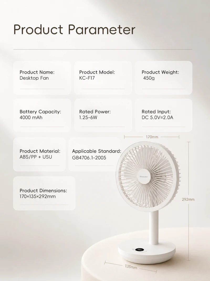 KINSCOTER Smart Oscillating Desk Fan 4000mAh USB Angle Adjustable Silent Rechargeable Fan 5 Wind Speeds for Home/Office/Gift