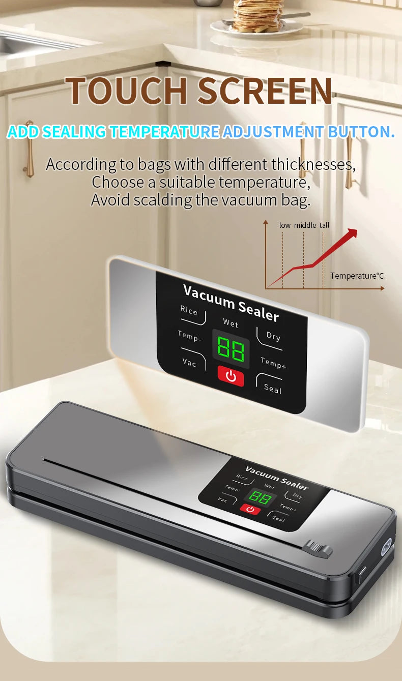 Electric Vacuum Sealer Machine with Built-in Cutter Touch Button Kitchen Food Storage Sealing for Dry/Wet Foods