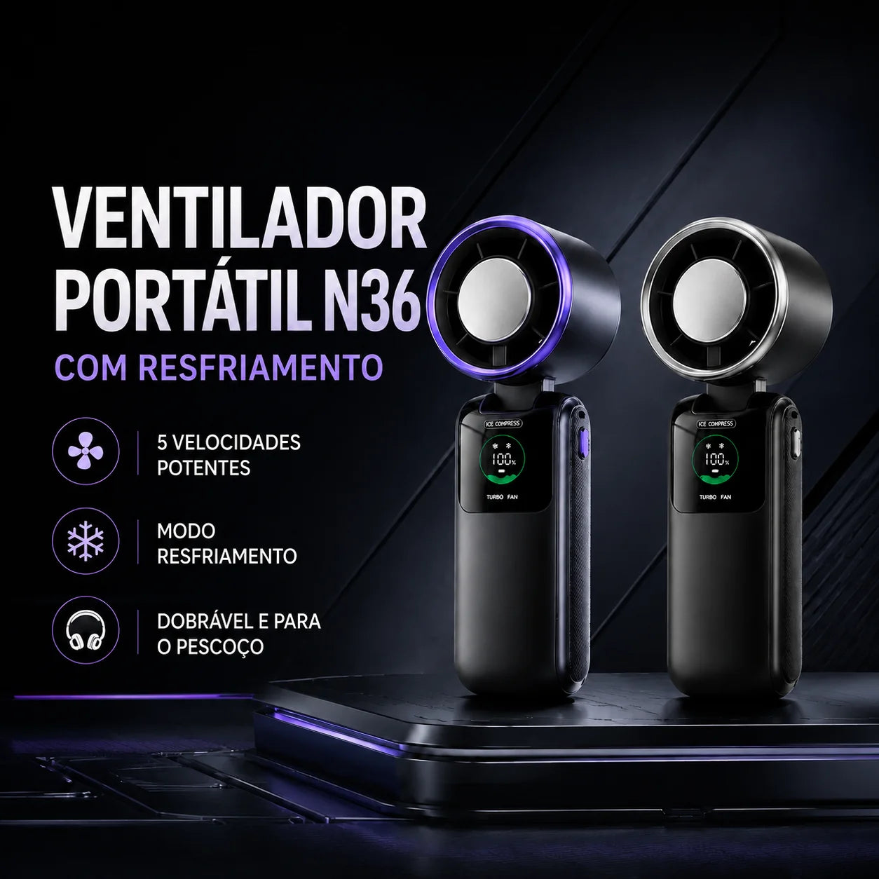 Ice Cooling Portable Neck Fan, 5-Speed Turbo Wind Foldable Hands Free Cooler, 4000mAh 9H Battery Travel Outdoor
