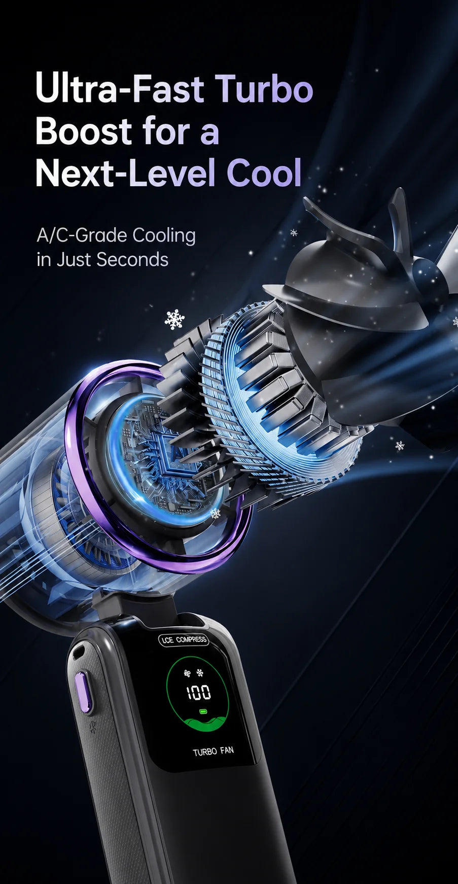 Ice Cooling Portable Neck Fan, 5-Speed Turbo Wind Foldable Hands Free Cooler, 4000mAh 9H Battery Travel Outdoor