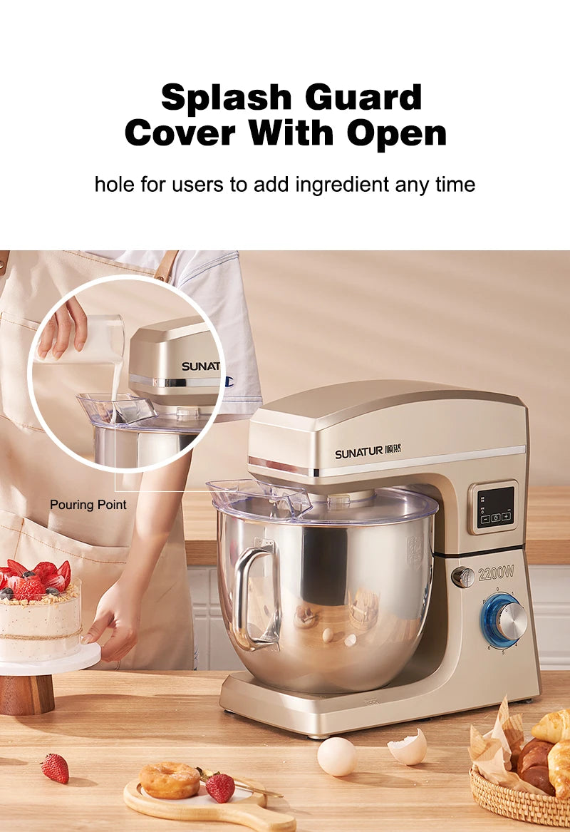 SUNATUR 10L Stand Mixer 2200w Dough Kneading Planetary Proccessor Automatic Beater Electric Timed Kitchen Blender Cream Whipper