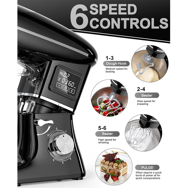 Commercial Stand Mixer 1500W, 6.5L Stainless Steel Bowl 6-Speed, Silent Design Smart Display Multi-Functional Dough Mixer