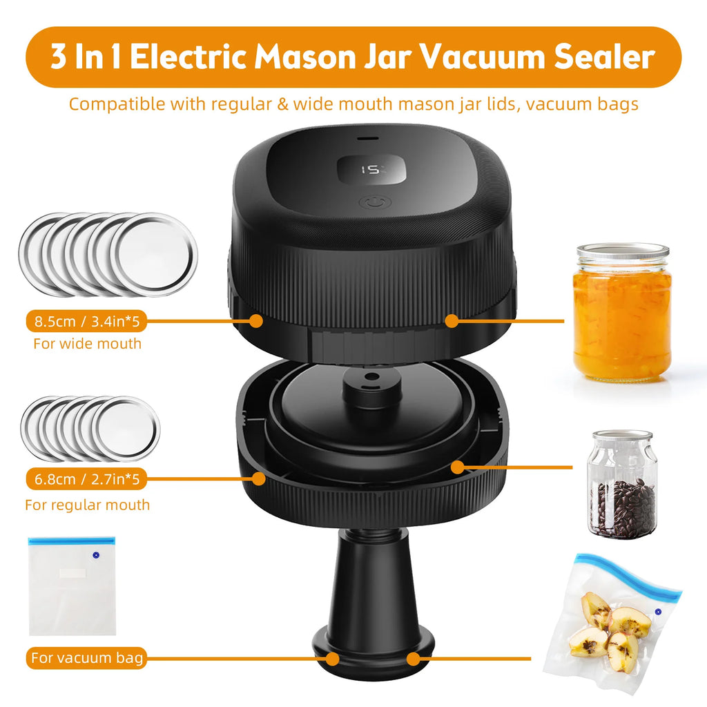 Electric Mason Jar Vacuum Sealer 60KPa for Canning Jars Cordless Vacuum Sealing Machine for Food Storage or Fermentation