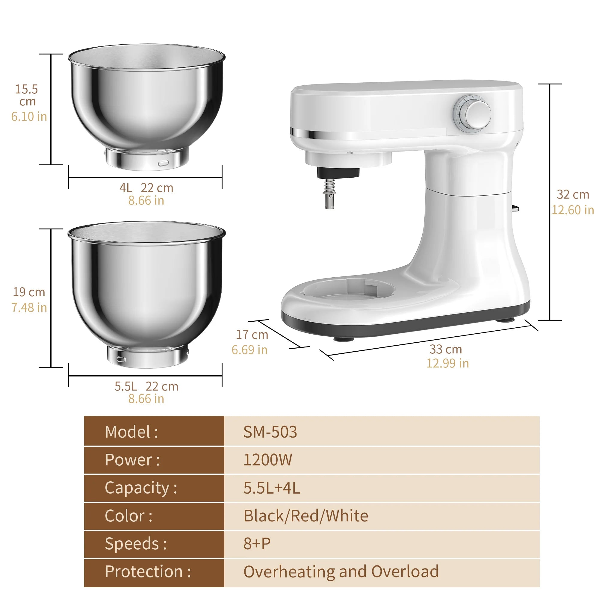 BioloMix 5.5L&4L double bowl Electric Food Mixer,8 Speeds Stand Mixer for Daily Use with Egg Whisk,Dough Hook,Flat Beater