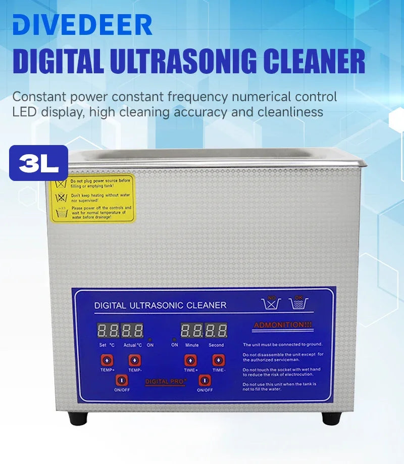 DIVEDEER 2-3L Heated Ultrasonic Cleaner High-Efficiency Ultrasound Machine for Deep Washing for Professional Home Commercial Use