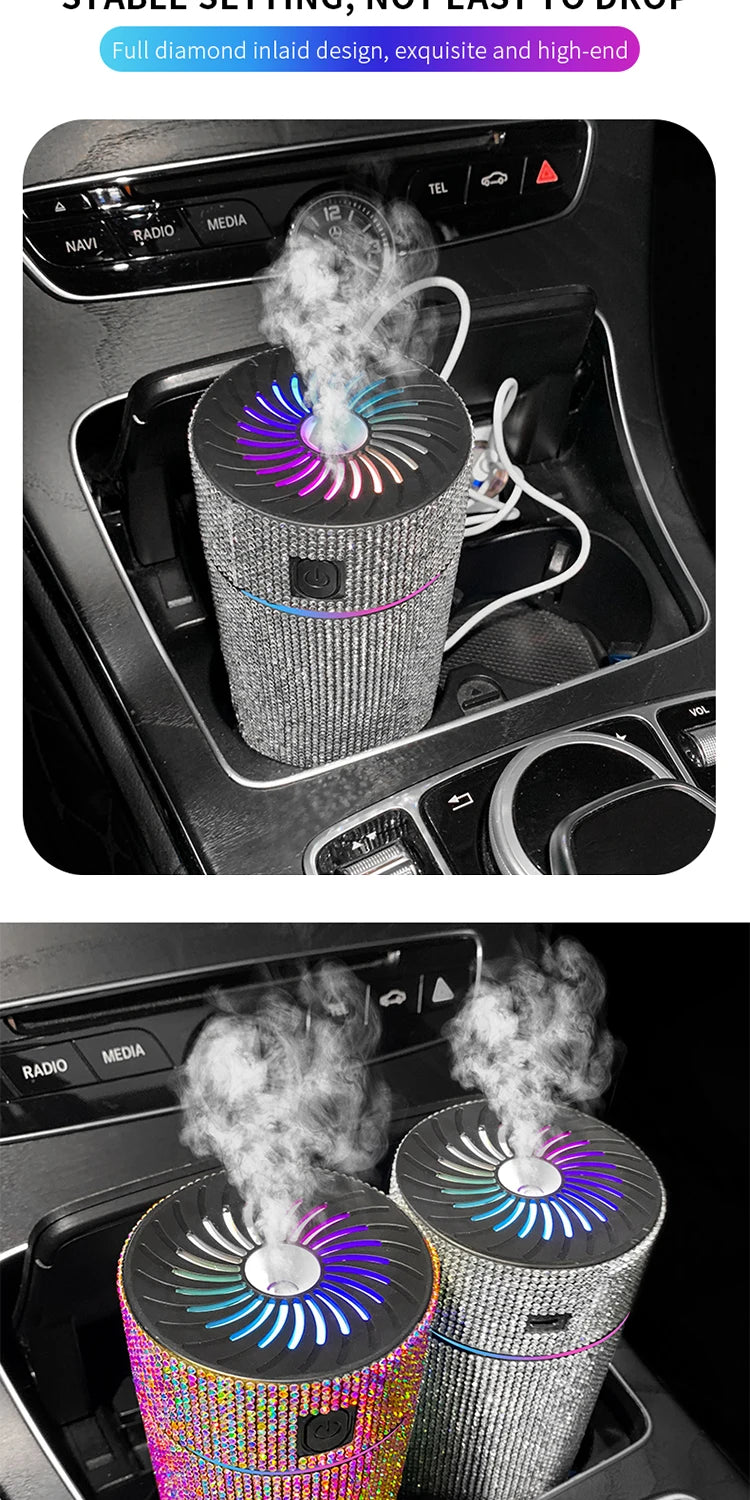 Luxury Diamond Car Diffuser Humidifier with LED Light Auto Air Purifier Aromatherapy Diffuser Air Freshener Car Accessories