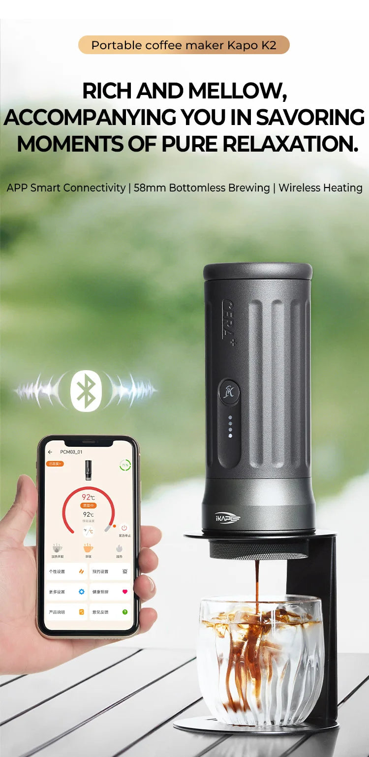 IKAPE Kapo K2 Portable Coffee Machine/Bluetooth Connection/Timer Function,51/58mm Espresso Bottomless Portafilter,Camping/Home