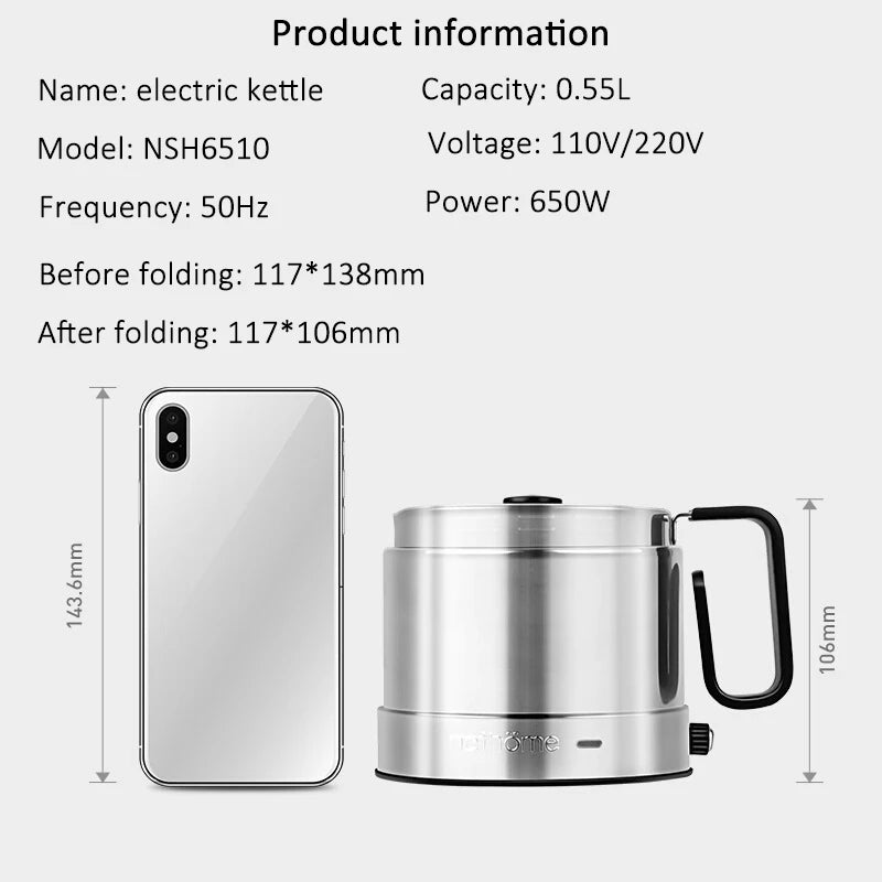 110V/220V Folding Electric Kettle Switchable Voltage Kettle Travel Portable Pot 304 Stainless Steel Adjustable Temperature Pot