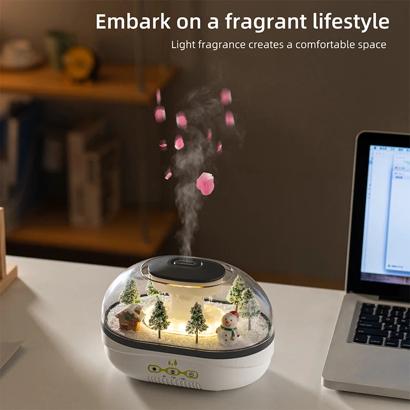 Snowman Landscape Aroma Humidifier with Colorful Led Light Essential Oil Diffuser Ultrasonic Raindrop Air Humidifier for Home