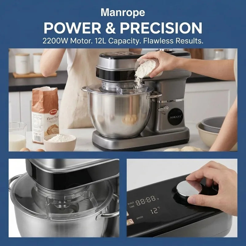2200W Electric Dough Mixer, 12L Stand Mixer, Cream Egg Beater, Kitchen Food Processor, Multi-Function Blender, Home Baking Tool