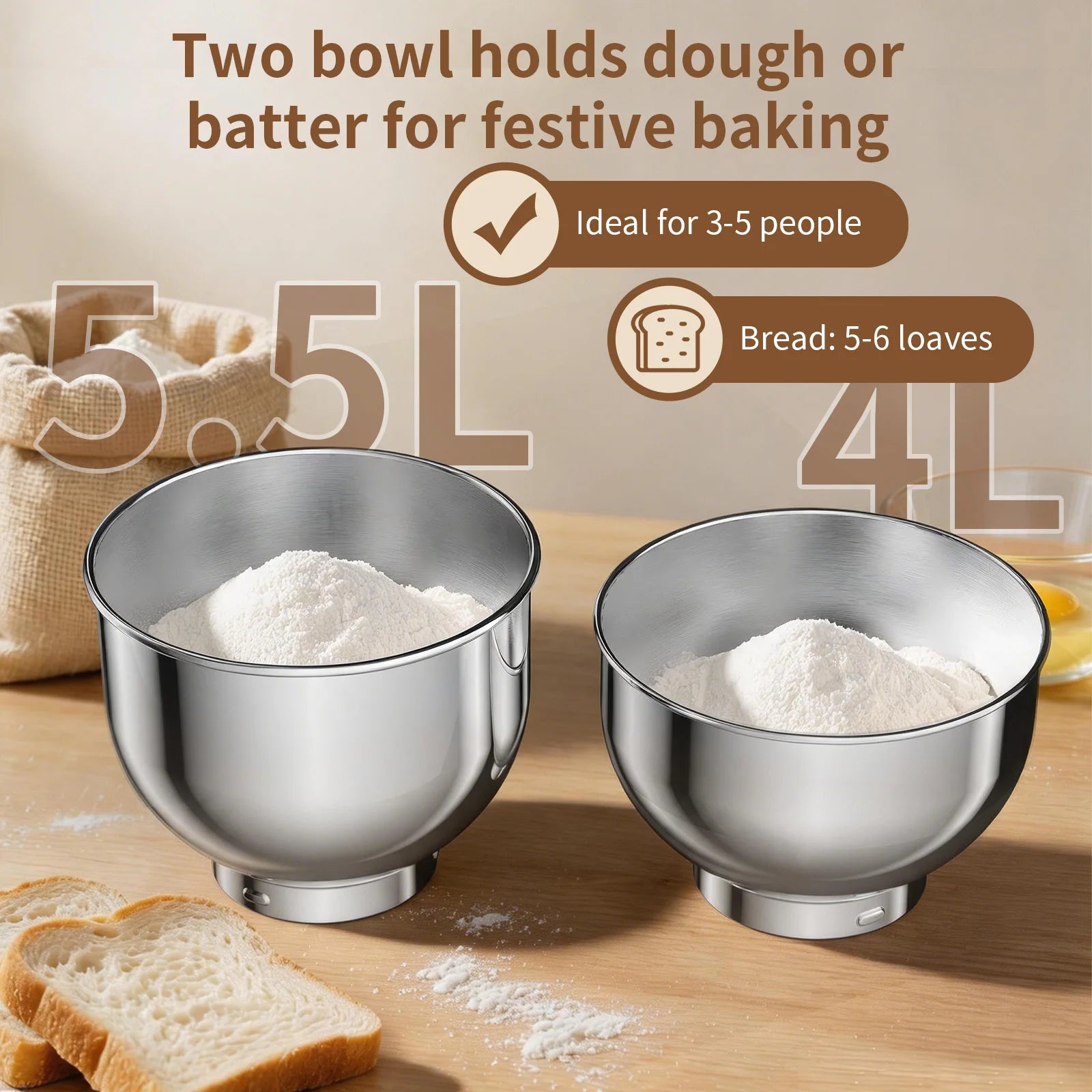 BioloMix 5.5L&4L double bowl Electric Food Mixer,8 Speeds Stand Mixer for Daily Use with Egg Whisk,Dough Hook,Flat Beater