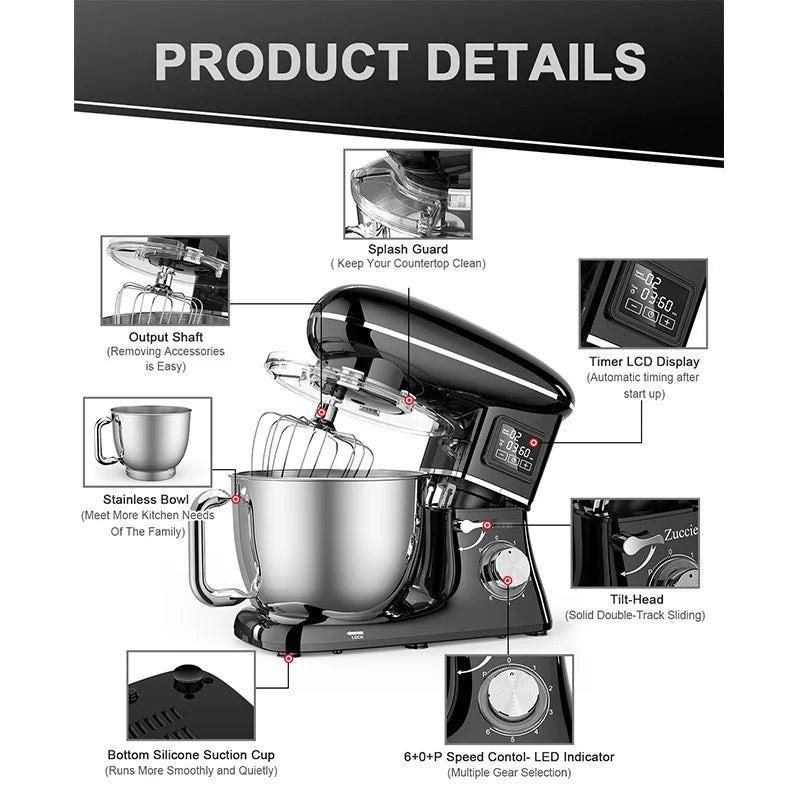 Commercial Stand Mixer 1500W, 6.5L Stainless Steel Bowl 6-Speed, Silent Design Smart Display Multi-Functional Dough Mixer