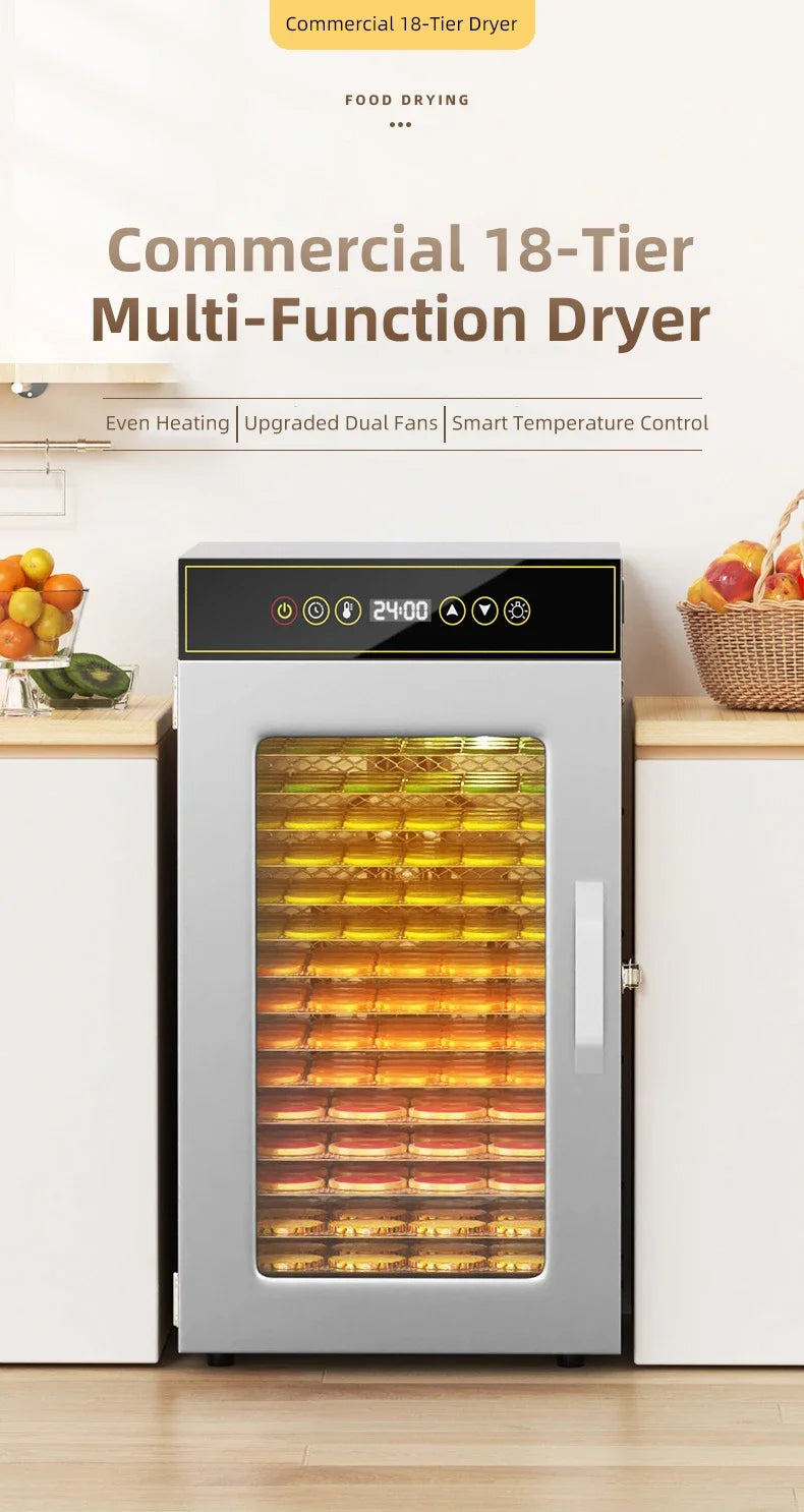 DIVEDEER 6-18 Layer Stainless Steel Food Dehydrator with Adjustable Temperature Control (30~90°C) for Fruits Vegetables Meat