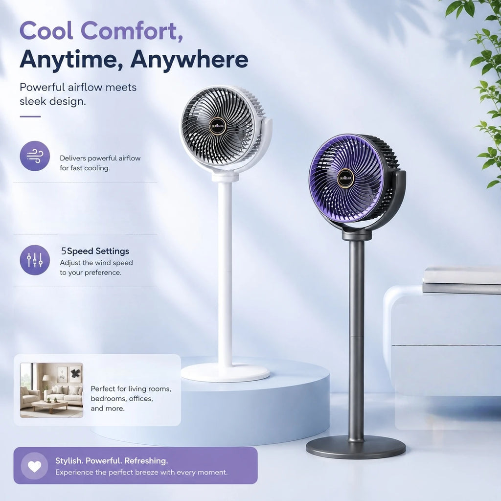 Modern 2-in-1 Floor Desk Air Circulator Fan 5 Speeds Powerful Airflow Portable USB Pedestal Fan for Home Bedroom Office