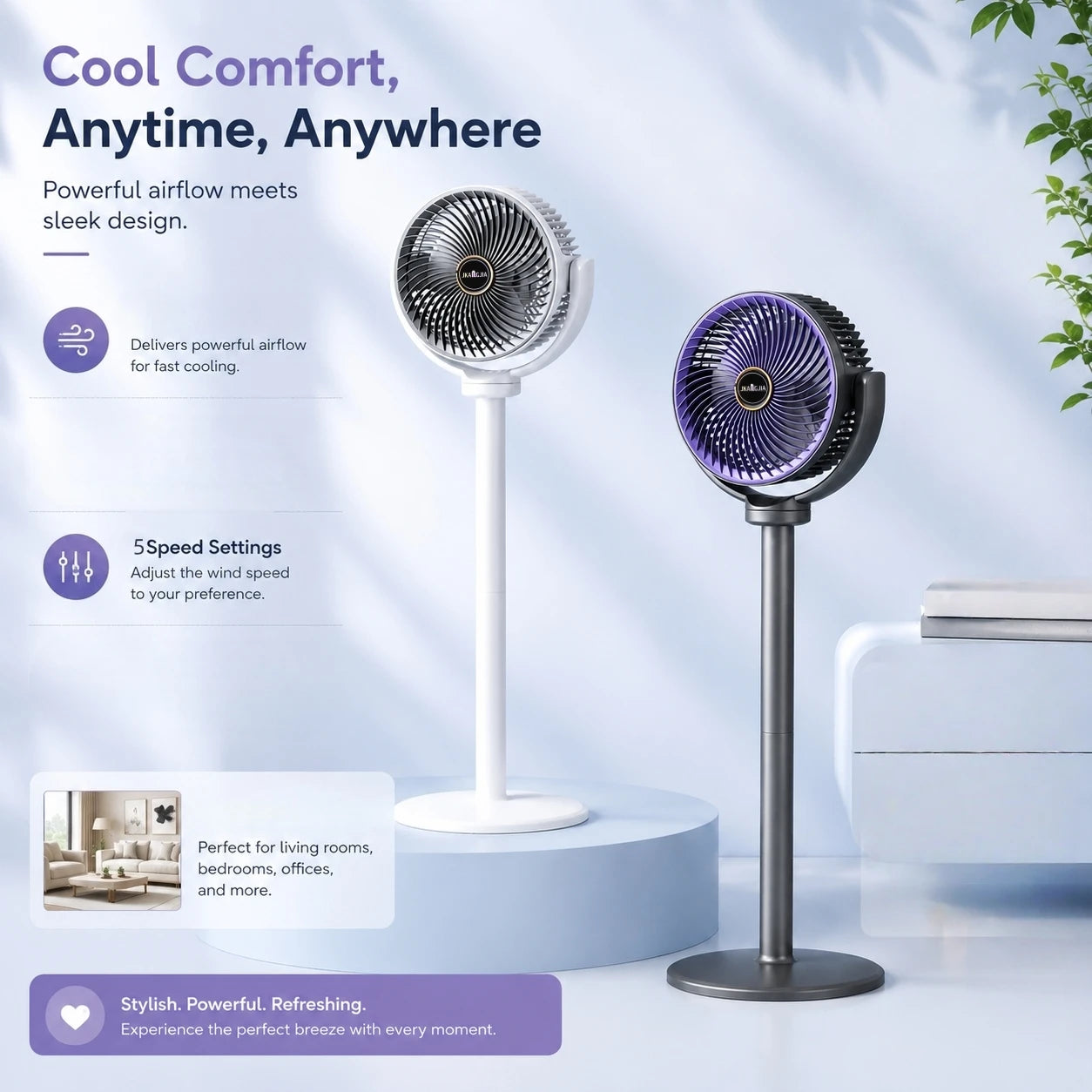 Modern 2-in-1 Floor Desk Air Circulator Fan 5 Speeds Powerful Airflow Portable USB Pedestal Fan for Home Bedroom Office