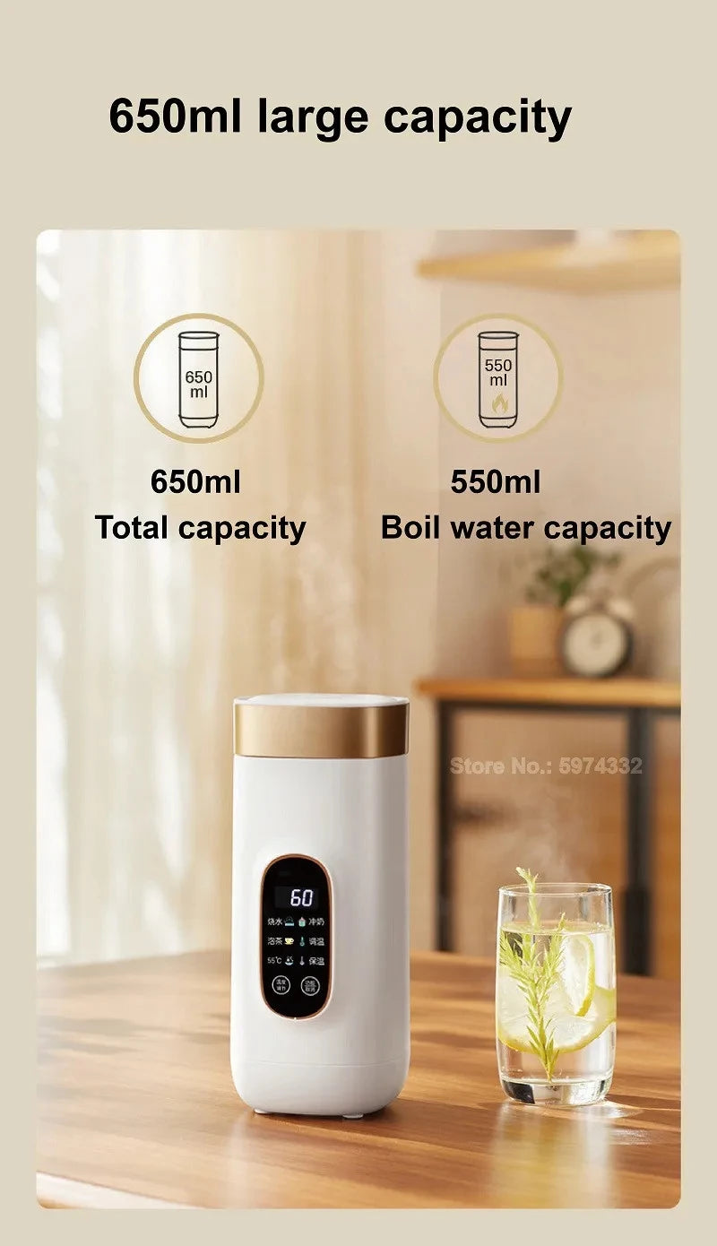 650ml Electric Kettle Portable Travel Boiled Water Pot Heating Cup Office Temperature Control Teapot Auto Keep Warm Cup 400W