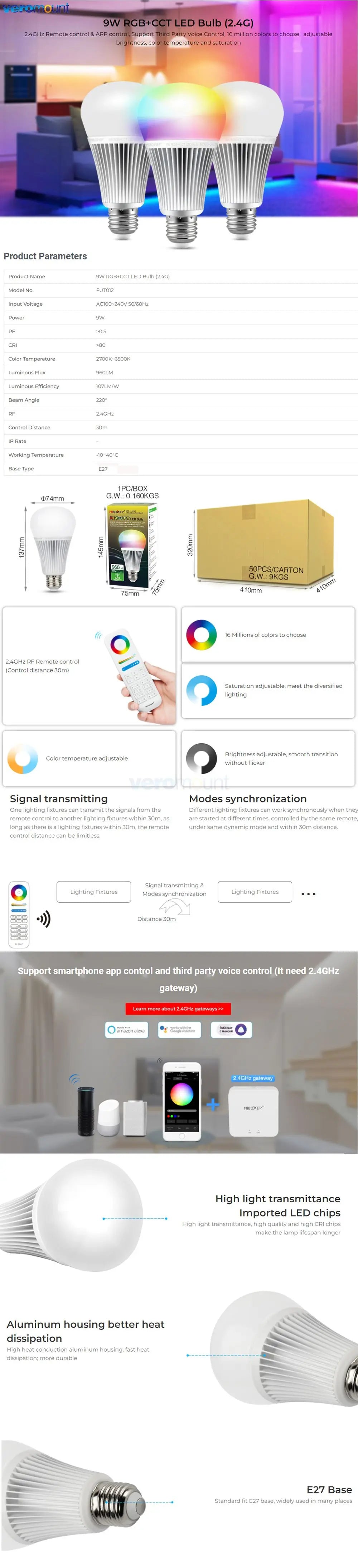 MiBoxer 9W E27 RGB+CCT Smart WiFi LED Light Bulb FUT012 AC110V 220V 2.4G 4-Zone Remote Smartphone APP Alexa Google Voice Control