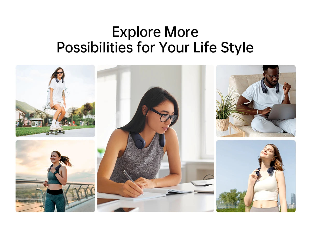 JISULIFE Portable Neck Fan, 4000mAh Battery Rechargeable, 5 Speeds Adjustable, Twistable Hands-Free Bladeless Neckband for Sport