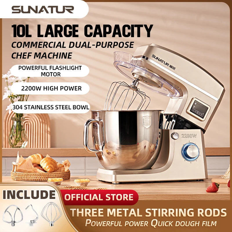 SUNATUR 10L Stand Mixer 2200w Dough Kneading Planetary Proccessor Automatic Beater Electric Timed Kitchen Blender Cream Whipper