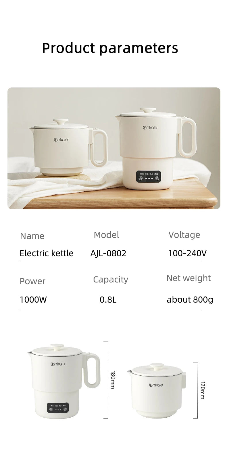 800ML Split-Type Foldable Electric Kettle Portable Travel Heating Cup with Adjustable Temperature 100V-240V Cooking Pot