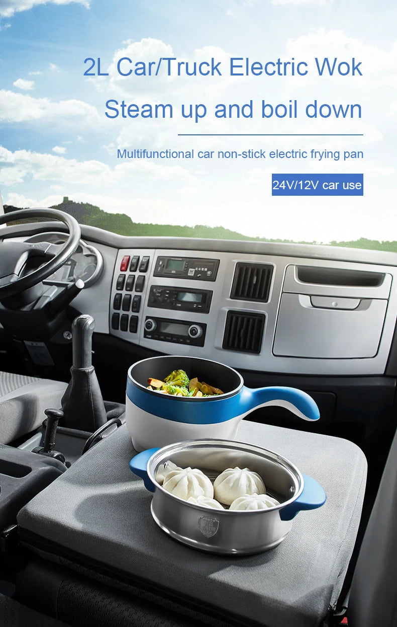 2L Portable Car Electric Hot Pot,12V/24V Multifunction Double‑Layer Cooking Pan, Travel Soup Rice Cooker Steamer for Car & Truck