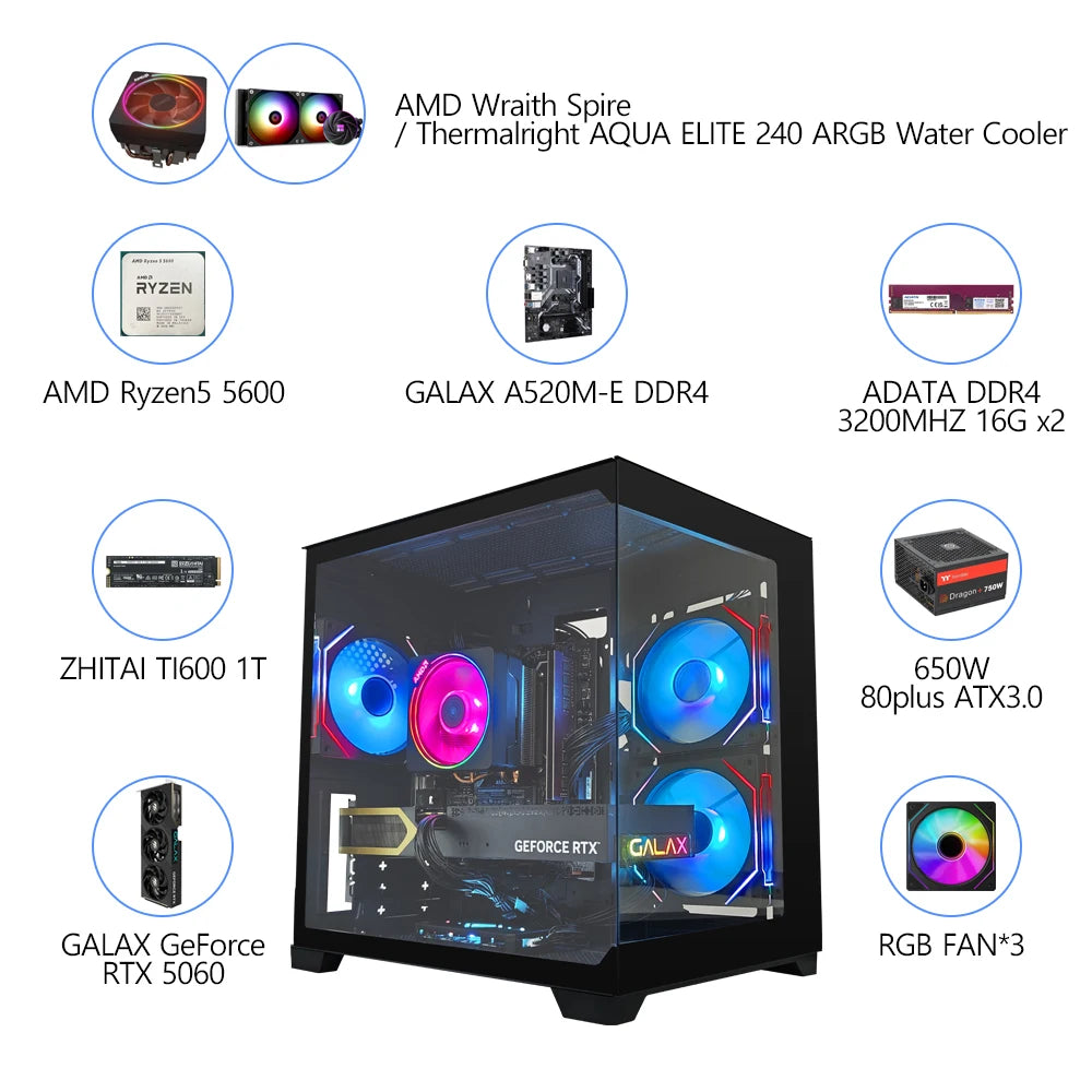 RSION Gaming PC Sea View Room AMD R5 5600 CPU RTX5060 32G RAM 1TB SSD Desktop Game Computer Assembled PC Gamer Full