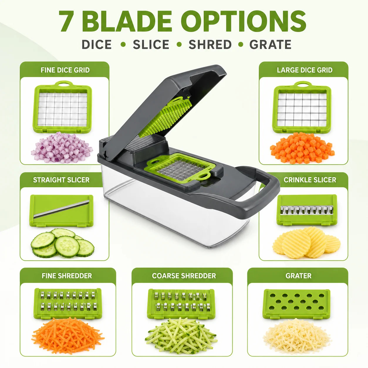 16PCS Vegetable Chopper with Container, 7 Blades Manual Onion Dicer Mandoline Slicer Grater with Drain Basket
