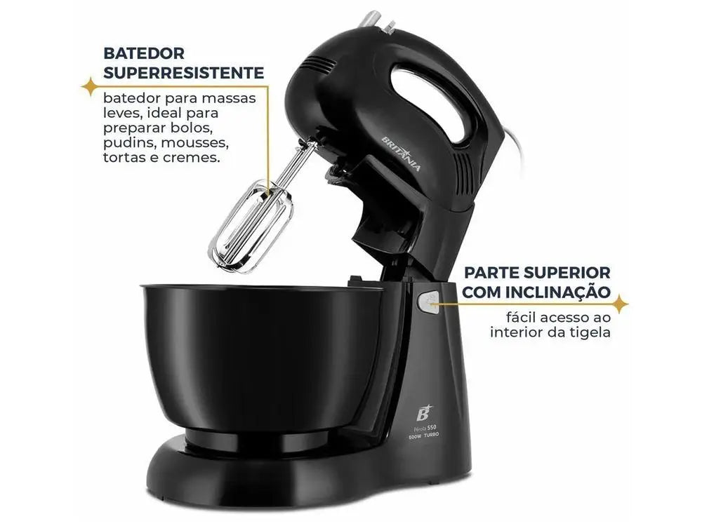 Britânia Black 500W Mixer with 4 Speeds, 4.3L Capacity, Pearl 550 - 220V
