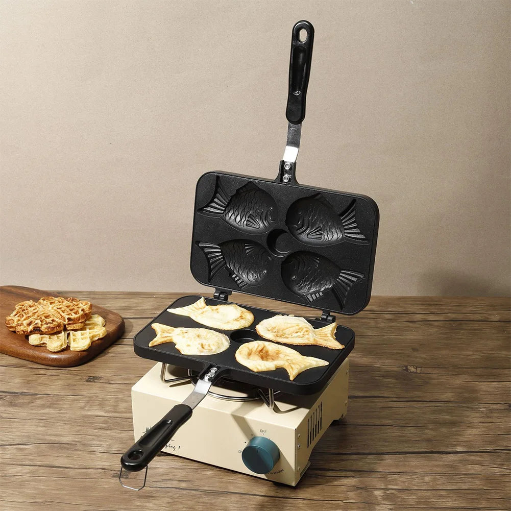 Kitchen Japanese Taiyaki Double Fish Shaped Hot Dessert Waffle Cake Maker Pan Japanese Pancake Double Pan Fry Pan Waffle Molds