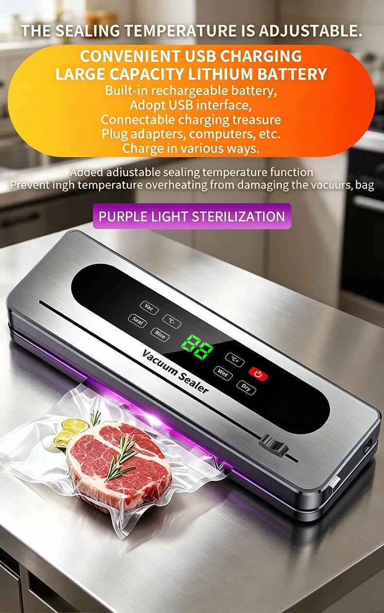 Rechargeable Wireless Vacuum Sealer Dry/Wet Food Sealer with Built-in Cutter Touch Buttons for Kitchen Food Storage 826